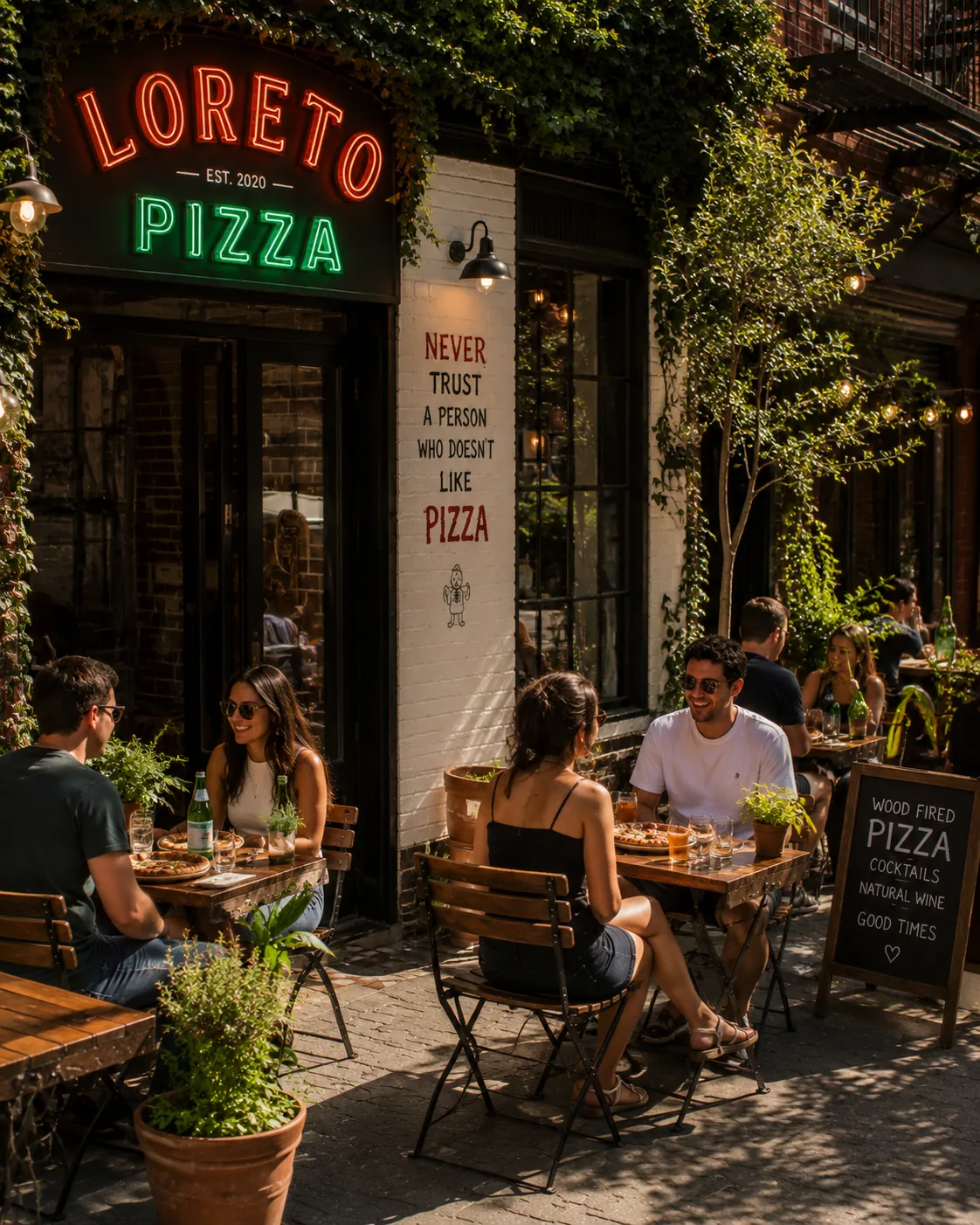 The pizzeria front in daylight: the Loreto Pizza neon above an open doorway, ivy over the brick, and diners at pavement tables beside a chalkboard reading wood-fired pizza, cocktails, natural wine.