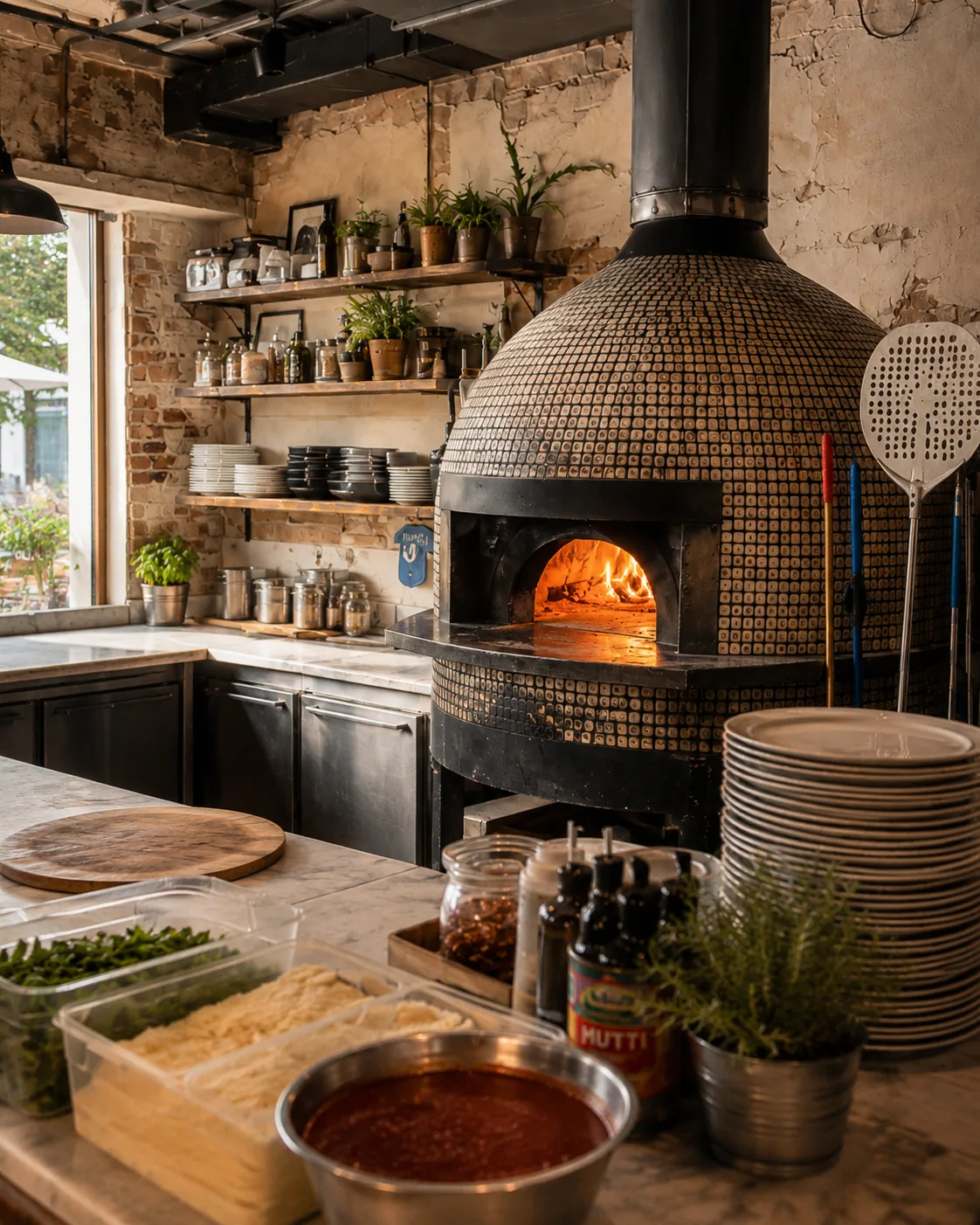 The wood-fired oven at the back of the kitchen, its dome tiled in mosaic and glowing orange inside, with a marble prep counter of tomato sauce, dough, and fresh basil in the foreground.