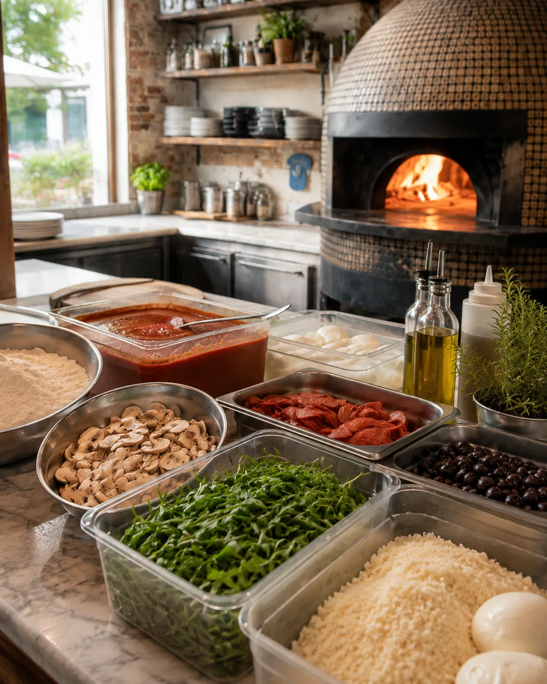 A close-up of the prep counter: trays of pepperoni, sliced mushrooms, black olives, arugula, and grated cheese beside the tomato sauce, with the lit oven behind.