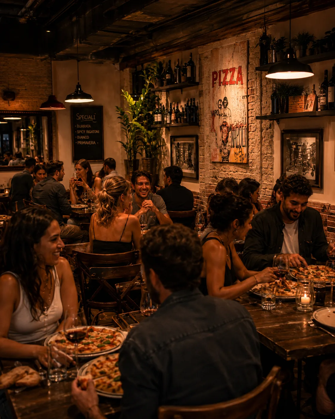 Diners fill a candlelit dining room at wooden tables, sharing pizza and wine beneath a hand-painted PIZZA sign on exposed brick.