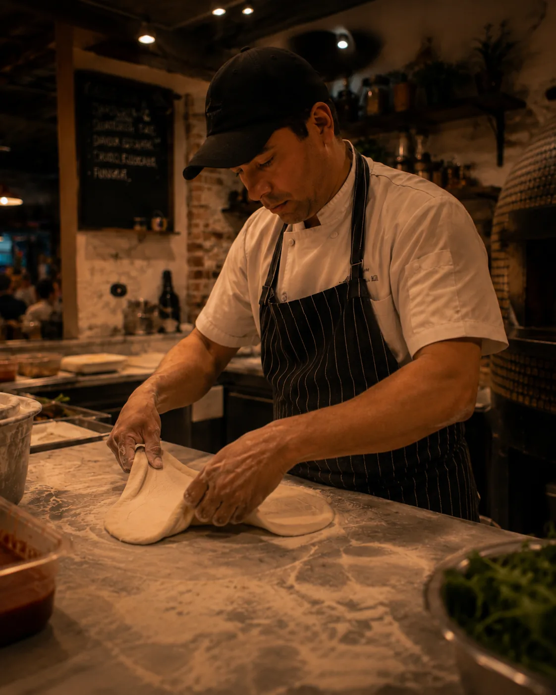 A chef in a striped apron and cap stretches a ball of dough into a disc by hand on a floured counter.
