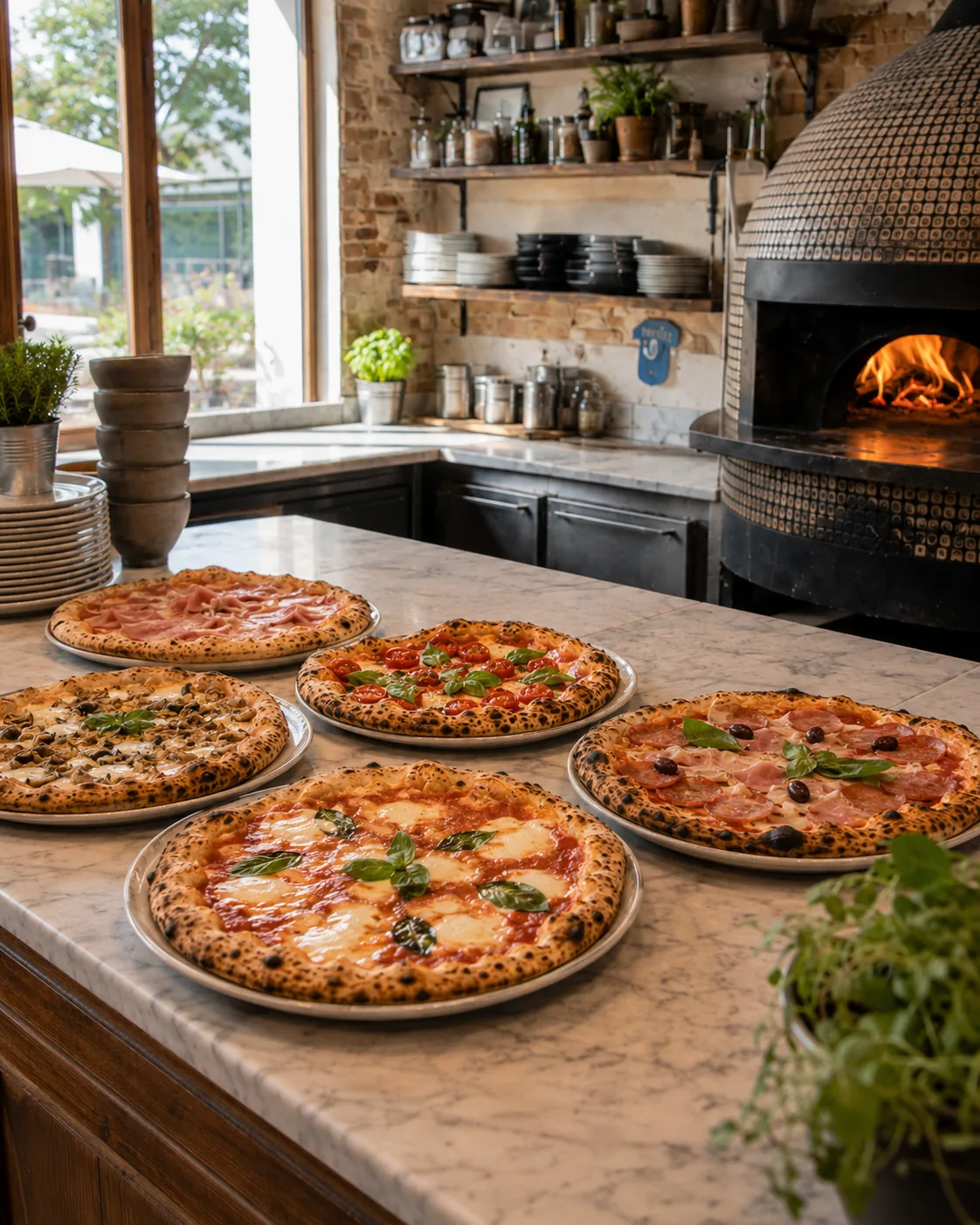 Five finished pizzas cooling on plates along the marble counter — prosciutto, mushroom, margherita, cherry tomato and basil, and salami with olives — with the wood-fired oven behind them.