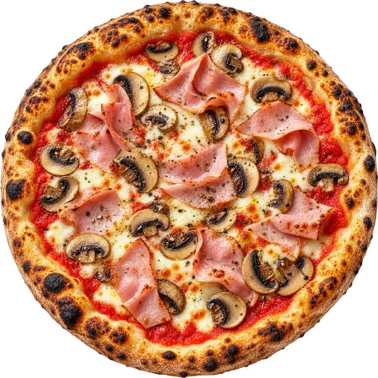 Capricciosa pizza, seen from above.