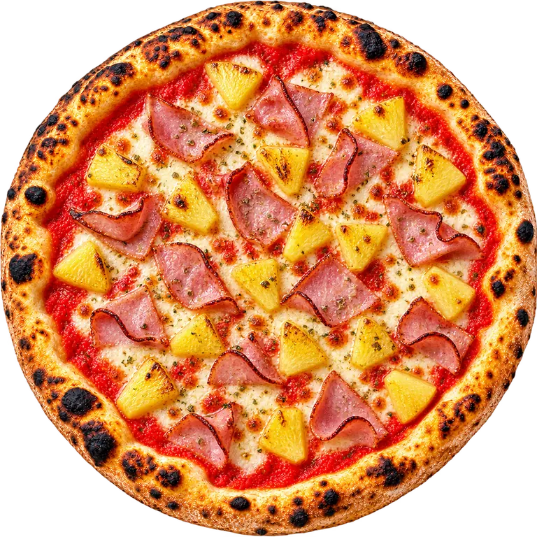 Hawaii pizza, seen from above.