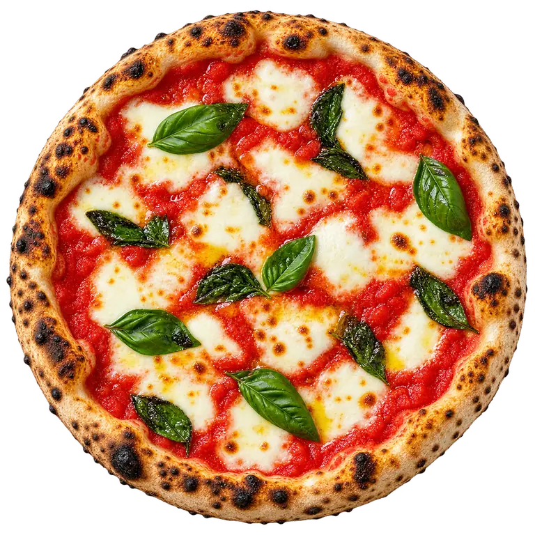 Margherita pizza, seen from above.