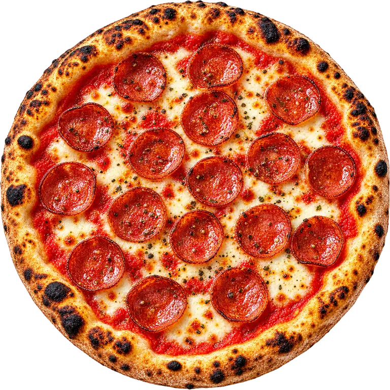 Pepperoni pizza, seen from above.