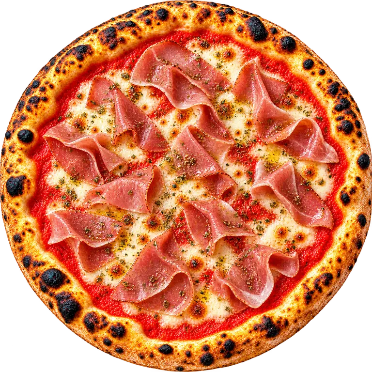 Prosciutto pizza, seen from above.