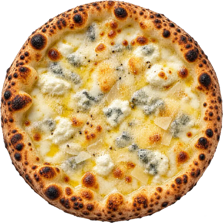 Quattro formaggi pizza, seen from above.