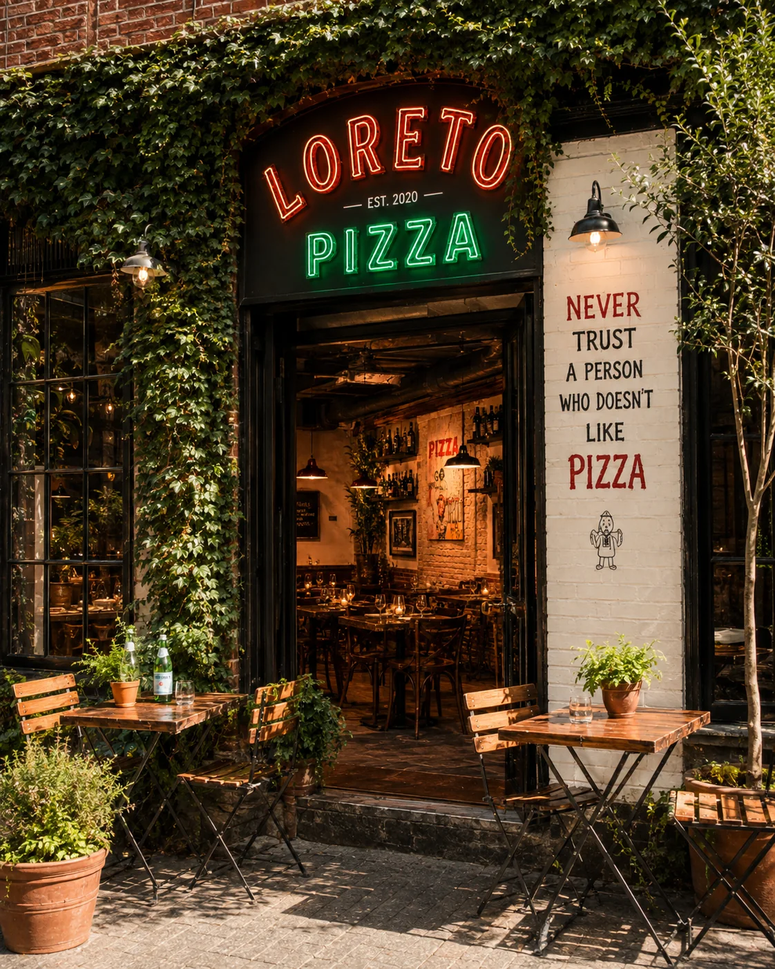 The Loreto Pizza storefront: a neon sign over an open doorway, ivy across the brick, pavement tables set for the evening.